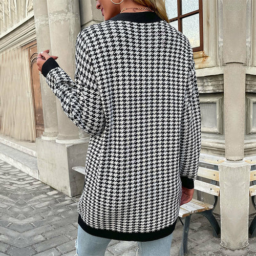 New Fashion Coat Long Sleeve Houndstooth Sweater Cardigan Mid Length