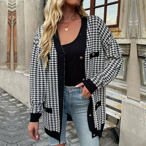 New Fashion Coat Long Sleeve Houndstooth Sweater Cardigan Mid Length