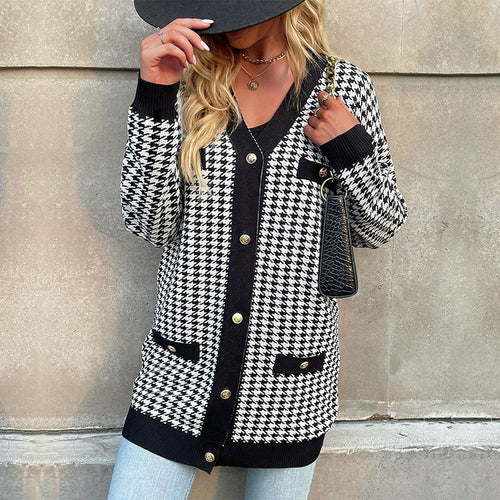 New Fashion Coat Long Sleeve Houndstooth Sweater Cardigan Mid Length