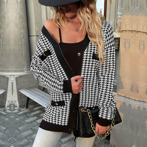 New Fashion Coat Long Sleeve Houndstooth Sweater Cardigan Mid Length