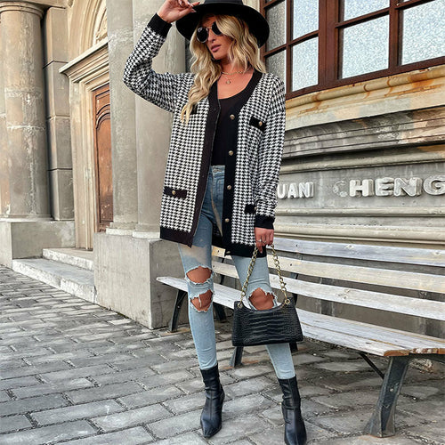 New Fashion Coat Long Sleeve Houndstooth Sweater Cardigan Mid Length